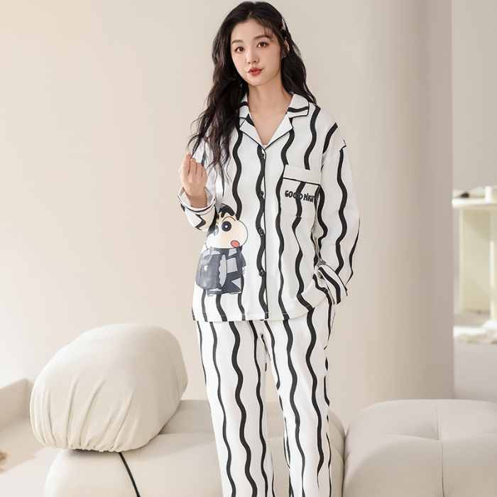 91家纺网 家纺一手货源 找家纺 洛兰沙 春秋季纯棉开衫翻领睡衣少女卡通甜美长袖可外穿家居服套装 714女