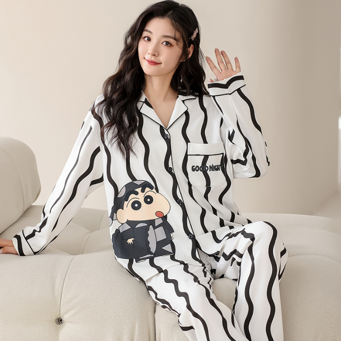 91家纺网 家纺一手货源 找家纺 洛兰沙 春秋季纯棉开衫翻领睡衣少女卡通甜美长袖可外穿家居服套装 714女