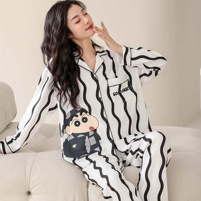 91家纺网 家纺一手货源 找家纺 洛兰沙 春秋季纯棉开衫翻领睡衣少女卡通甜美长袖可外穿家居服套装 714女