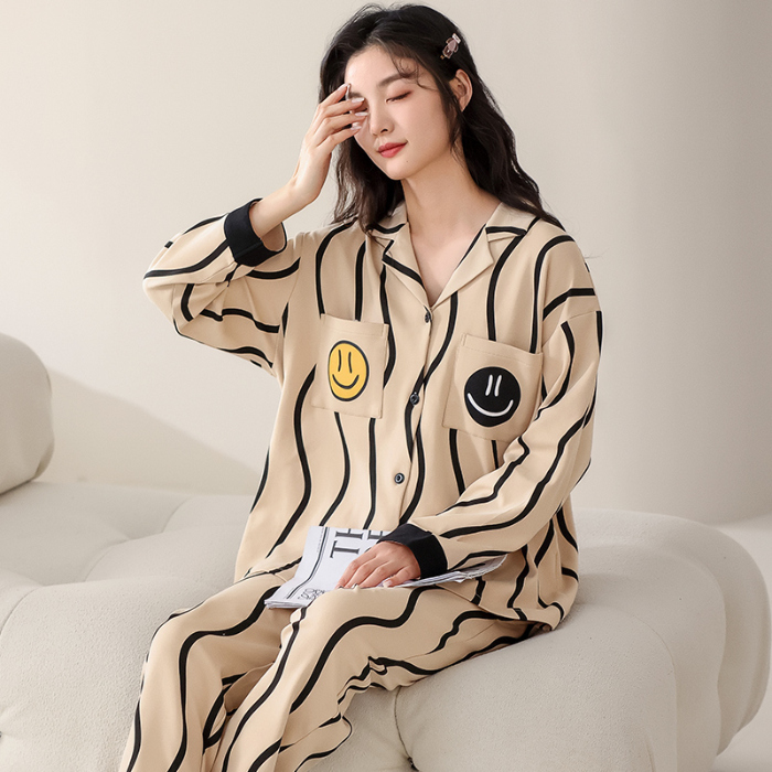 91家纺网 家纺一手货源 找家纺 洛兰沙 春秋季纯棉开衫翻领睡衣少女卡通甜美长袖可外穿家居服套装 715女