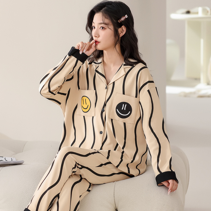 91家纺网 家纺一手货源 找家纺 洛兰沙 春秋季纯棉开衫翻领睡衣少女卡通甜美长袖可外穿家居服套装 715女