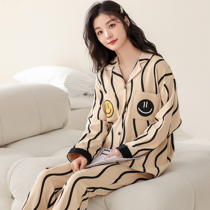 91家纺网 家纺一手货源 找家纺 洛兰沙 春秋季纯棉开衫翻领睡衣少女卡通甜美长袖可外穿家居服套装 715女