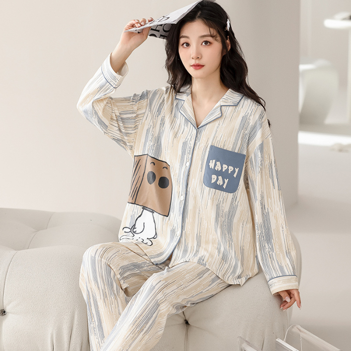 91家纺网 家纺一手货源 找家纺 洛兰沙 春秋季纯棉开衫翻领睡衣少女卡通甜美长袖可外穿家居服套装 716女