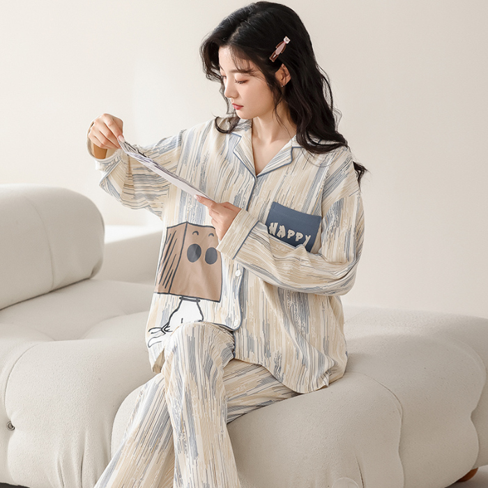 91家纺网 家纺一手货源 找家纺 洛兰沙 春秋季纯棉开衫翻领睡衣少女卡通甜美长袖可外穿家居服套装 716女