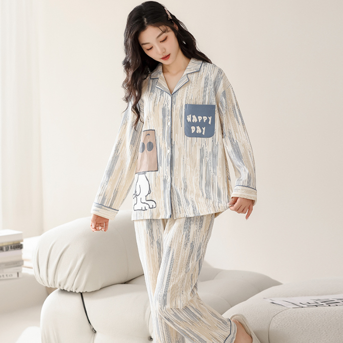 91家纺网 家纺一手货源 找家纺 洛兰沙 春秋季纯棉开衫翻领睡衣少女卡通甜美长袖可外穿家居服套装 716女