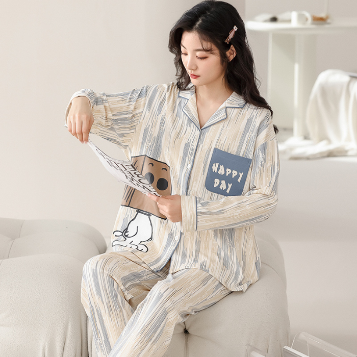 91家纺网 家纺一手货源 找家纺 洛兰沙 春秋季纯棉开衫翻领睡衣少女卡通甜美长袖可外穿家居服套装 716女