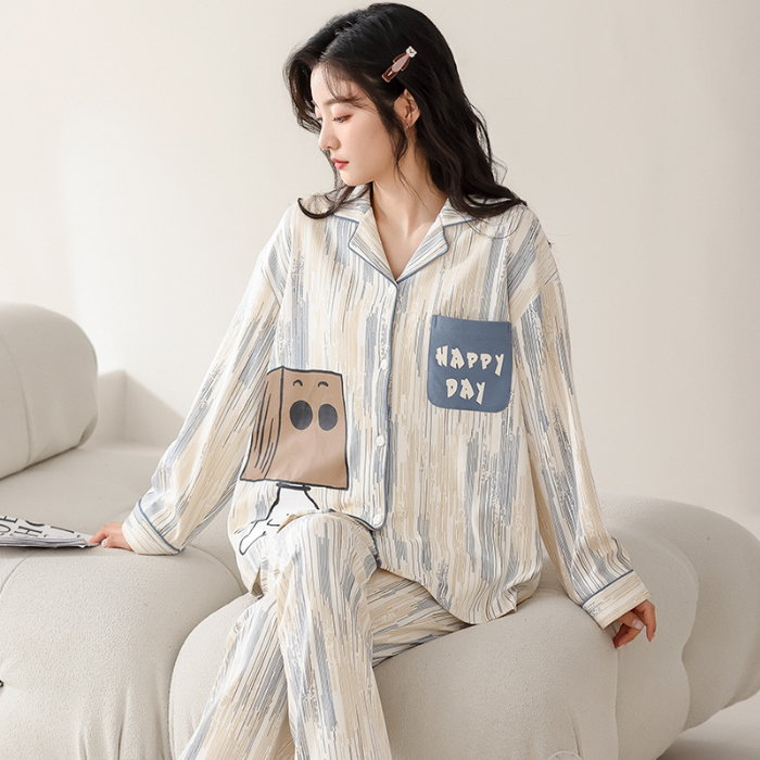 91家纺网 家纺一手货源 找家纺 洛兰沙 春秋季纯棉开衫翻领睡衣少女卡通甜美长袖可外穿家居服套装 716女