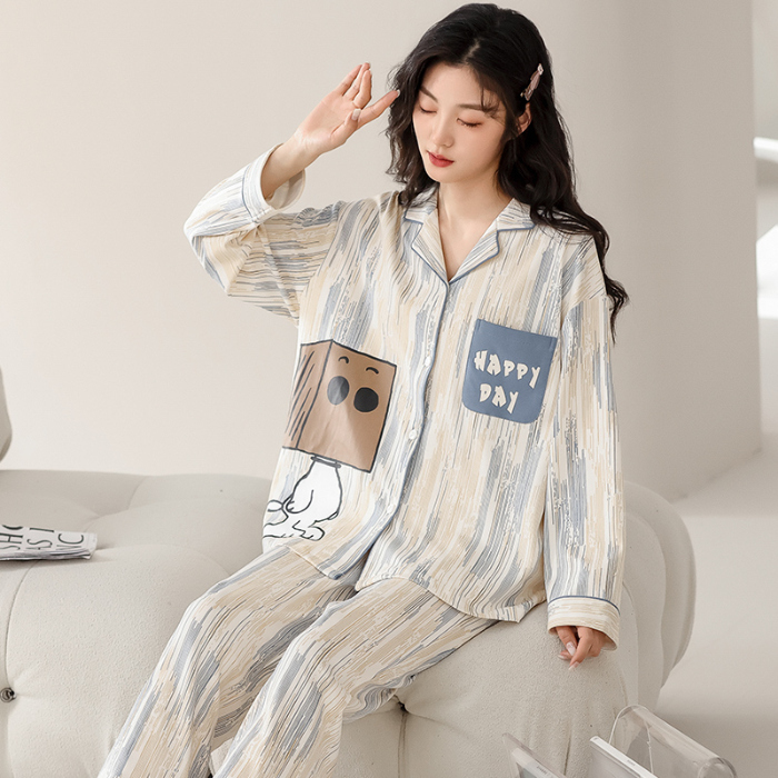 91家纺网 家纺一手货源 找家纺 洛兰沙 春秋季纯棉开衫翻领睡衣少女卡通甜美长袖可外穿家居服套装 716女