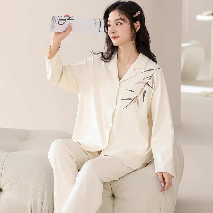 91家纺网 家纺一手货源 找家纺 洛兰沙 春秋季纯棉开衫翻领睡衣少女卡通甜美长袖可外穿家居服套装 717女