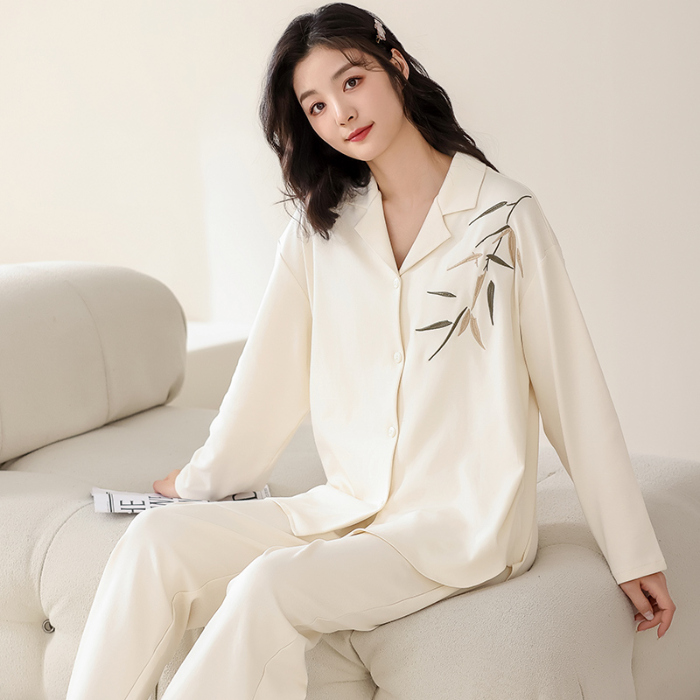 91家纺网 家纺一手货源 找家纺 洛兰沙 春秋季纯棉开衫翻领睡衣少女卡通甜美长袖可外穿家居服套装 717女