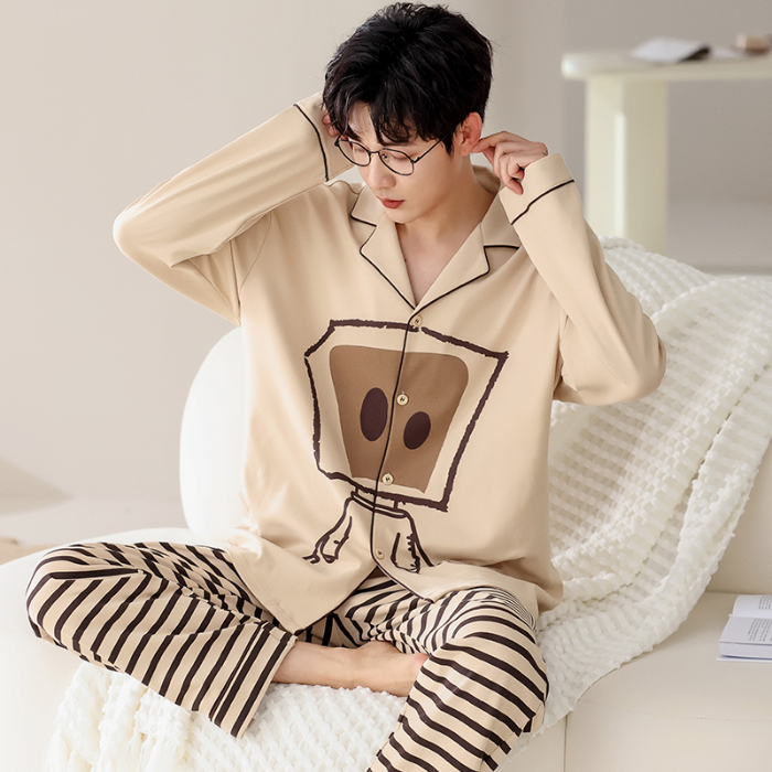 91家纺网 家纺一手货源 找家纺 洛兰沙 春秋季纯棉开衫长袖可外穿家居服睡衣 711男