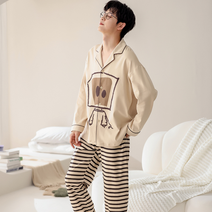 91家纺网 家纺一手货源 找家纺 洛兰沙 春秋季纯棉开衫长袖可外穿家居服睡衣 711男