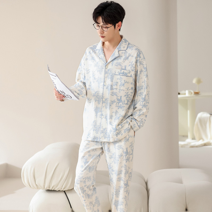 91家纺网 家纺一手货源 找家纺 洛兰沙 春秋季纯棉开衫长袖可外穿家居服睡衣 712男