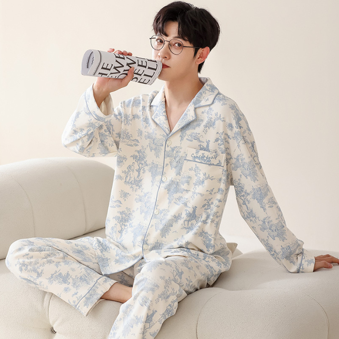 91家纺网 家纺一手货源 找家纺 洛兰沙 春秋季纯棉开衫长袖可外穿家居服睡衣 712男