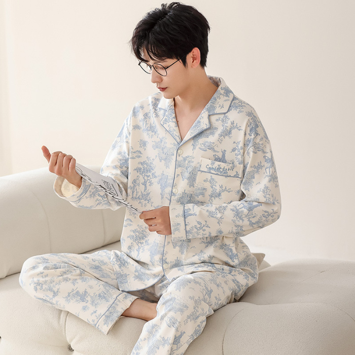 91家纺网 家纺一手货源 找家纺 洛兰沙 春秋季纯棉开衫长袖可外穿家居服睡衣 712男