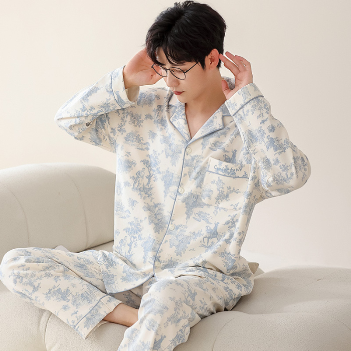 91家纺网 家纺一手货源 找家纺 洛兰沙 春秋季纯棉开衫长袖可外穿家居服睡衣 712男