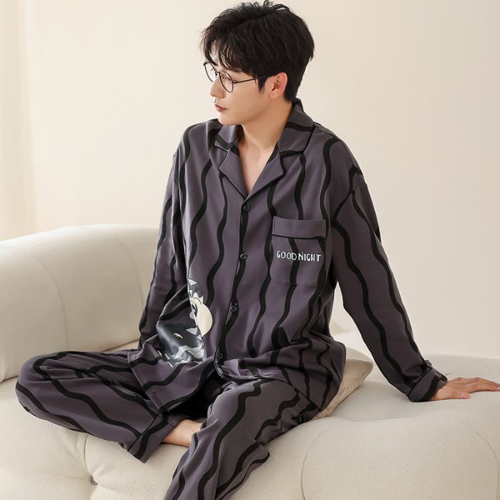 91家纺网 家纺一手货源 找家纺 洛兰沙 春秋季纯棉开衫长袖可外穿家居服睡衣 714男