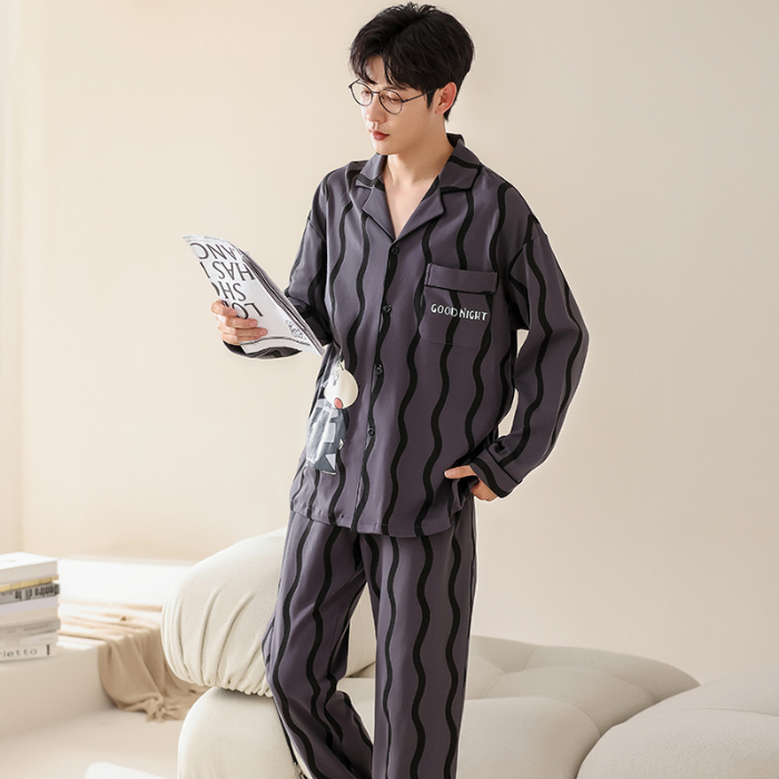 91家纺网 家纺一手货源 找家纺 洛兰沙 春秋季纯棉开衫长袖可外穿家居服睡衣 714男