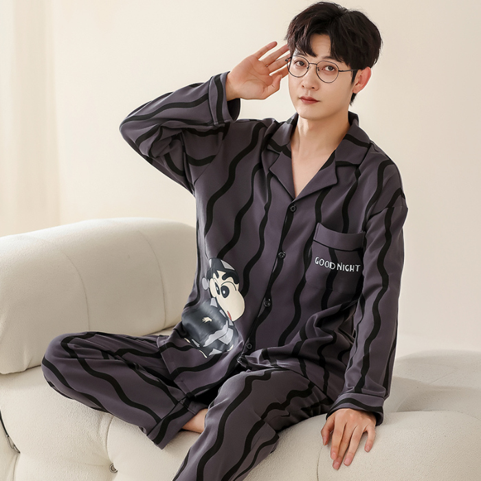 91家纺网 家纺一手货源 找家纺 洛兰沙 春秋季纯棉开衫长袖可外穿家居服睡衣 714男