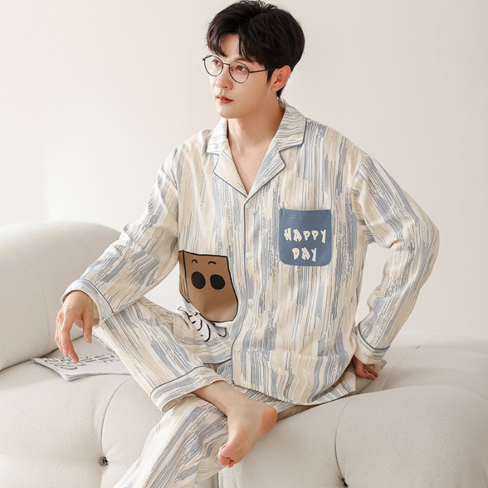 91家纺网 家纺一手货源 找家纺 洛兰沙 春秋季纯棉开衫长袖可外穿家居服睡衣 716男