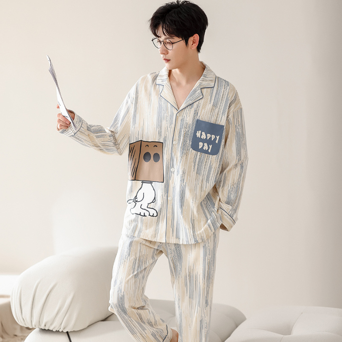 91家纺网 家纺一手货源 找家纺 洛兰沙 春秋季纯棉开衫长袖可外穿家居服睡衣 716男