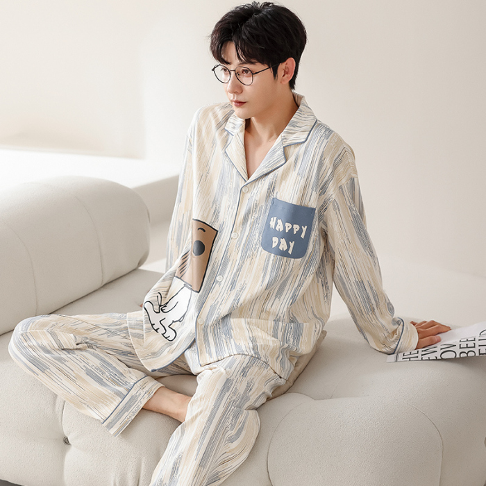 91家纺网 家纺一手货源 找家纺 洛兰沙 春秋季纯棉开衫长袖可外穿家居服睡衣 716男