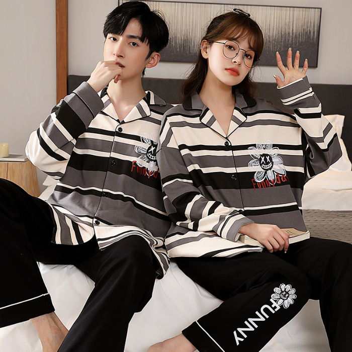 91家纺网 家纺一手货源 找家纺 洛兰沙 春秋季纯棉开衫长袖可外穿家居服情侣套装 641女