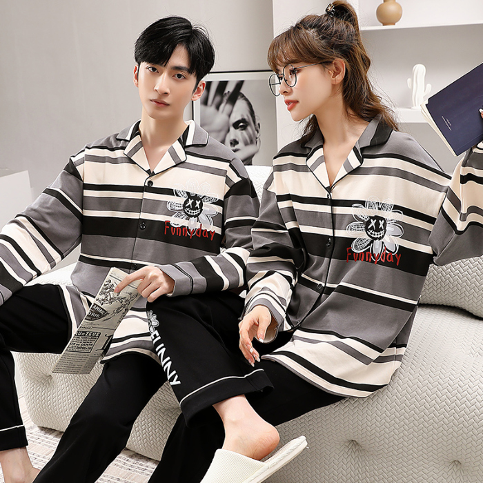 91家纺网 家纺一手货源 找家纺 洛兰沙 春秋季纯棉开衫长袖可外穿家居服情侣套装 641女