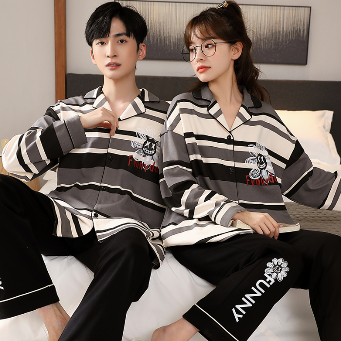 91家纺网 家纺一手货源 找家纺 洛兰沙 春秋季纯棉开衫长袖可外穿家居服情侣套装 641女