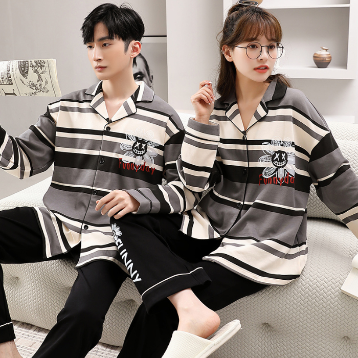 91家纺网 家纺一手货源 找家纺 洛兰沙 春秋季纯棉开衫长袖可外穿家居服情侣套装 641女