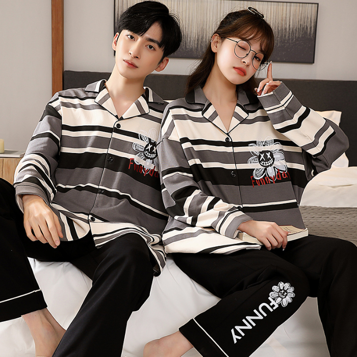 91家纺网 家纺一手货源 找家纺 洛兰沙 春秋季纯棉开衫长袖可外穿家居服情侣套装 641女