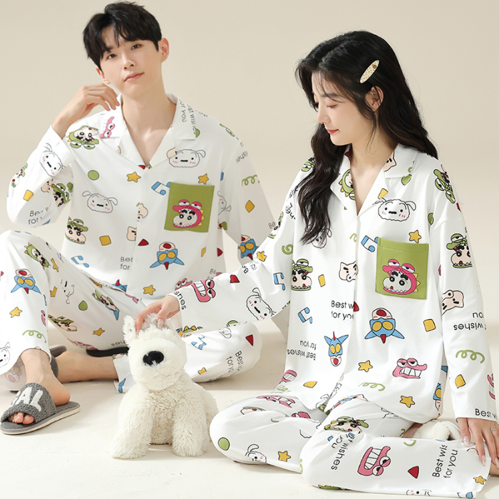 91家纺网 家纺一手货源 找家纺 洛兰沙 春秋季纯棉开衫长袖可外穿家居服情侣套装 681男