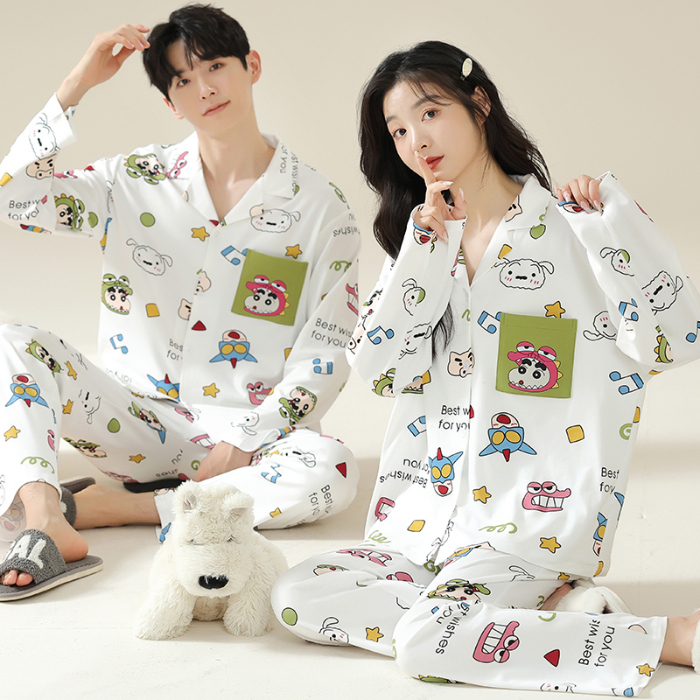 91家纺网 家纺一手货源 找家纺 洛兰沙 春秋季纯棉开衫长袖可外穿家居服情侣套装 681男