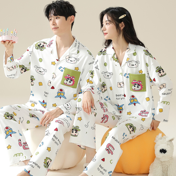 91家纺网 家纺一手货源 找家纺 洛兰沙 春秋季纯棉开衫长袖可外穿家居服情侣套装 681男