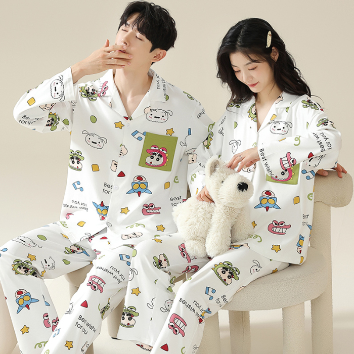 91家纺网 家纺一手货源 找家纺 洛兰沙 春秋季纯棉开衫长袖可外穿家居服情侣套装 681男