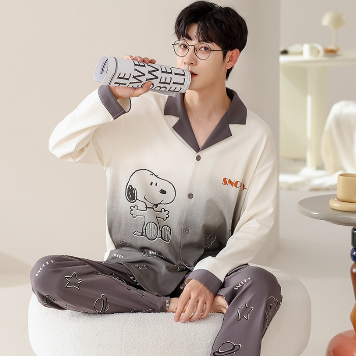 91家纺网 家纺一手货源 找家纺 洛兰沙 春秋季纯棉开衫长袖可外穿家居服情侣套装 699男