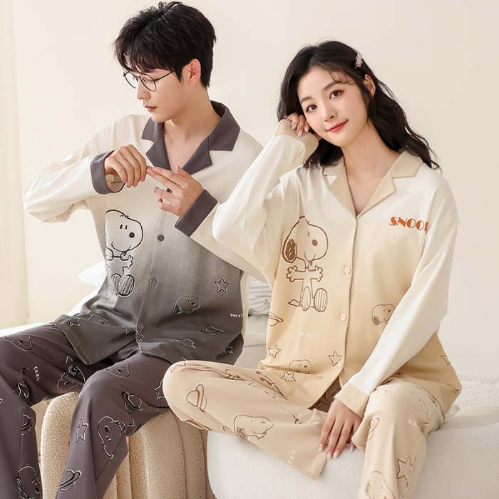 91家纺网 家纺一手货源 找家纺 洛兰沙 春秋季纯棉开衫长袖可外穿家居服情侣套装 699男