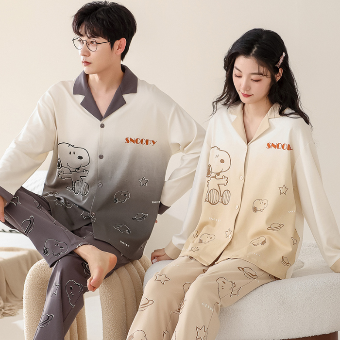 91家纺网 家纺一手货源 找家纺 洛兰沙 春秋季纯棉开衫长袖可外穿家居服情侣套装 699男