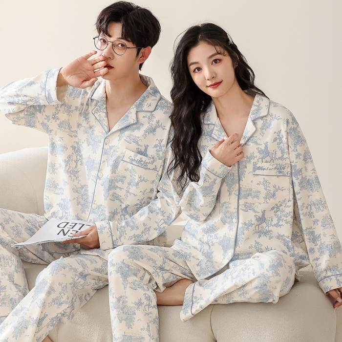 91家纺网 家纺一手货源 找家纺 洛兰沙 春秋季纯棉开衫长袖可外穿家居服情侣套装 712女