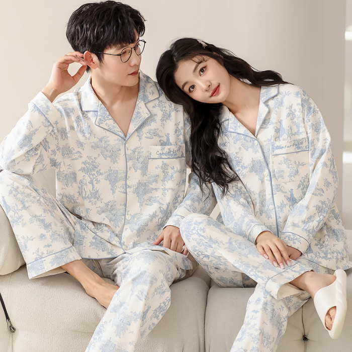 91家纺网 家纺一手货源 找家纺 洛兰沙 春秋季纯棉开衫长袖可外穿家居服情侣套装 712女