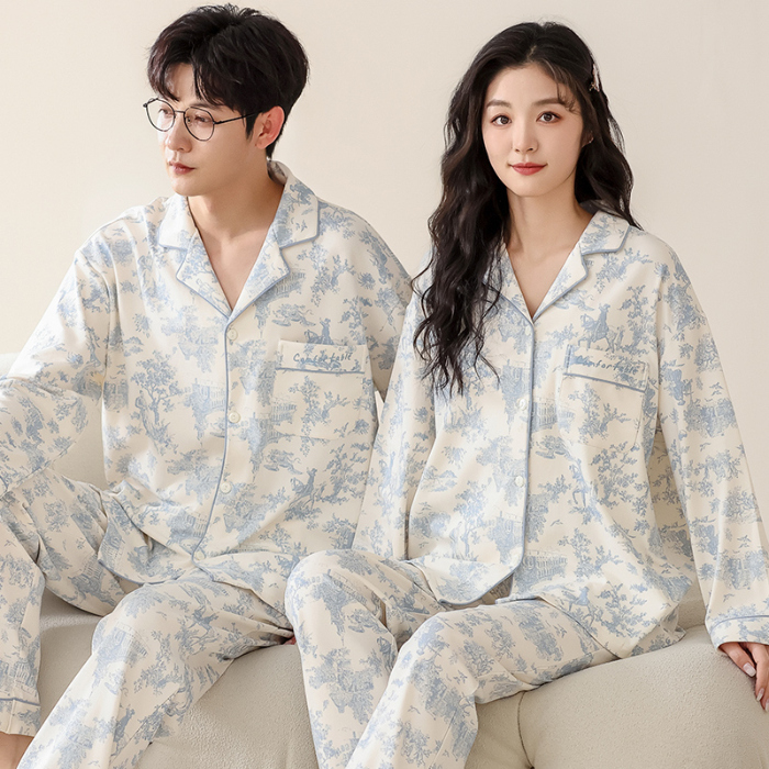 91家纺网 家纺一手货源 找家纺 洛兰沙 春秋季纯棉开衫长袖可外穿家居服情侣套装 712女