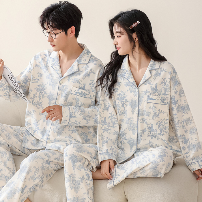 91家纺网 家纺一手货源 找家纺 洛兰沙 春秋季纯棉开衫长袖可外穿家居服情侣套装 712女