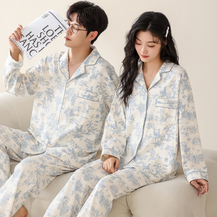 91家纺网 家纺一手货源 找家纺 洛兰沙 春秋季纯棉开衫长袖可外穿家居服情侣套装 712男