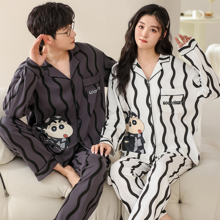 91家纺网 家纺一手货源 找家纺 洛兰沙 春秋季纯棉开衫长袖可外穿家居服情侣套装 714男