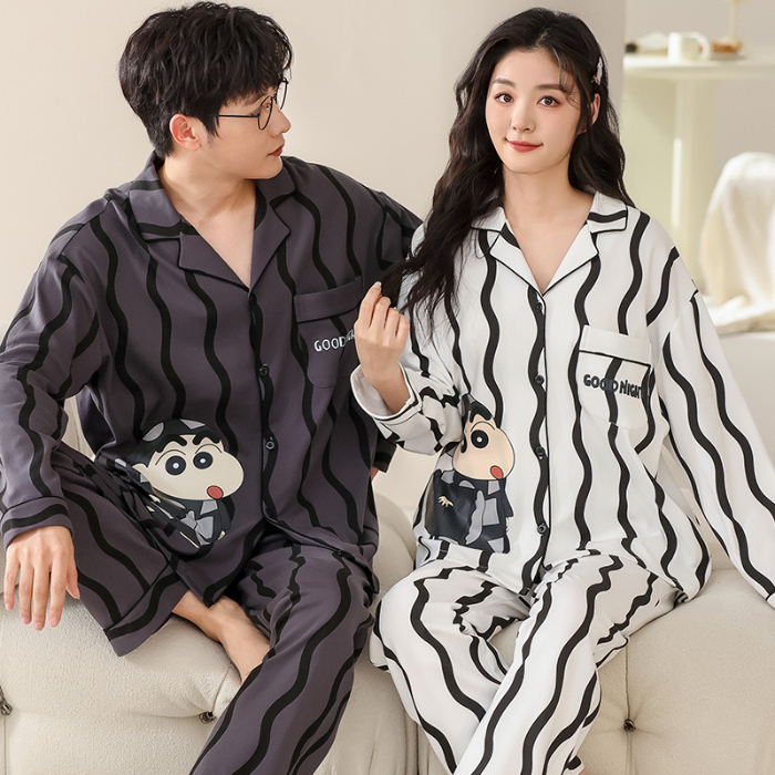 91家纺网 家纺一手货源 找家纺 洛兰沙 春秋季纯棉开衫长袖可外穿家居服情侣套装 714男