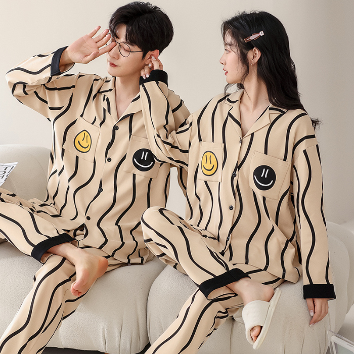 91家纺网 家纺一手货源 找家纺 洛兰沙 春秋季纯棉开衫长袖可外穿家居服情侣套装 715男