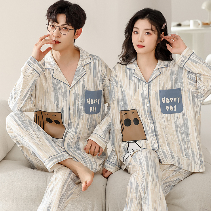 91家纺网 家纺一手货源 找家纺 洛兰沙 春秋季纯棉开衫长袖可外穿家居服情侣套装 716女