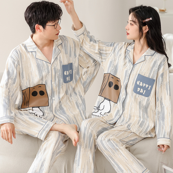 91家纺网 家纺一手货源 找家纺 洛兰沙 春秋季纯棉开衫长袖可外穿家居服情侣套装 716男