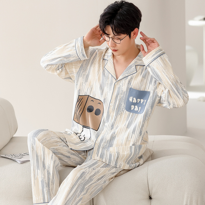 91家纺网 家纺一手货源 找家纺 洛兰沙 春秋季纯棉开衫长袖可外穿家居服情侣套装 716男