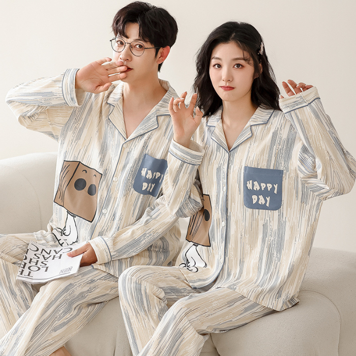 91家纺网 家纺一手货源 找家纺 洛兰沙 春秋季纯棉开衫长袖可外穿家居服情侣套装 716男